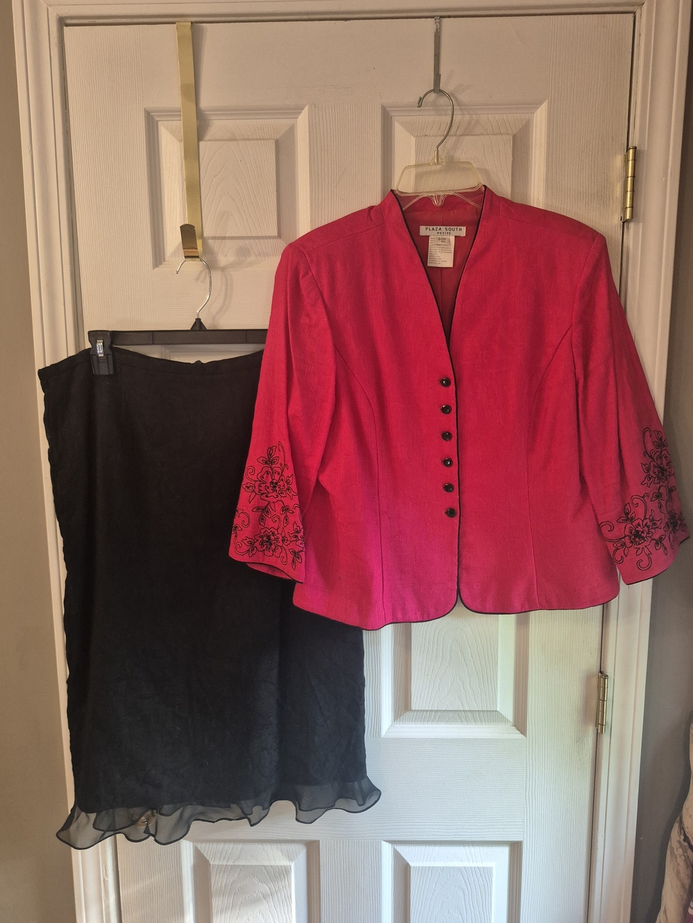 Talbots Pink Embroidered Sleeve Jacket with Black Skirt